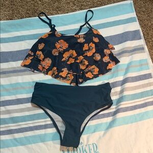 Navy Floral Ruffle Tankini Top with Dark Teal High-Waist Bottoms